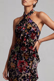 Black Halter Neck Velvet Floral Long Sheath Mother of the Bride Dress with Side Ruffle