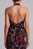 Black Halter Neck Velvet Floral Long Sheath Mother of the Bride Dress with Side Ruffle