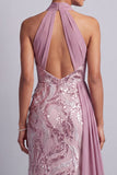 Wisteria Chiffon Halter Neck Sequins Ruched Mermaid Sweep Train Mother of the Bride Dress with Draping