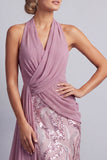 Wisteria Chiffon Halter Neck Sequins Ruched Mermaid Sweep Train Mother of the Bride Dress with Draping