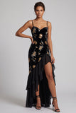 Black Velvet Floral Embroidery Sequins Asymmetrical High Low A-Line Mother of the Bride Dress with Ruffle Slit
