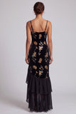Black Velvet Floral Embroidery Sequins Asymmetrical High Low A-Line Mother of the Bride Dress with Ruffle Slit