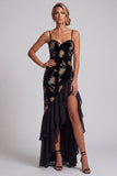 Black Velvet Floral Embroidery Sequins Asymmetrical High Low A-Line Mother of the Bride Dress with Ruffle Slit