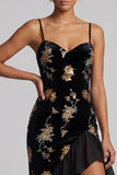 Black Velvet Floral Embroidery Sequins Asymmetrical High Low A-Line Mother of the Bride Dress with Ruffle Slit