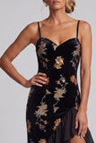 Black Velvet Floral Embroidery Sequins Asymmetrical High Low A-Line Mother of the Bride Dress with Ruffle Slit