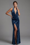 Dark Navy Velvet Halter Neck Ruched Sheath Long Mother of the Bride Dress with Side Slit