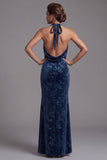 Dark Navy Velvet Halter Neck Ruched Sheath Long Mother of the Bride Dress with Side Slit