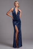 Dark Navy Velvet Halter Neck Ruched Sheath Long Mother of the Bride Dress with Side Slit