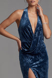 Dark Navy Velvet Halter Neck Ruched Sheath Long Mother of the Bride Dress with Side Slit