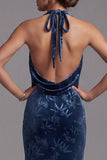 Dark Navy Velvet Halter Neck Ruched Sheath Long Mother of the Bride Dress with Side Slit
