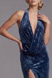 Dark Navy Velvet Halter Neck Ruched Sheath Long Mother of the Bride Dress with Side Slit