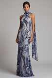 Navy Sequins Mermaid High Neck Long Mother of the Bride Dress with Beading