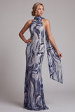 Navy Sequins Mermaid High Neck Long Mother of the Bride Dress with Beading
