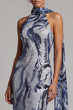 Navy Sequins Mermaid High Neck Long Mother of the Bride Dress with Beading