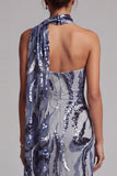 Navy Sequins Mermaid High Neck Long Mother of the Bride Dress with Beading