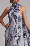 Navy Sequins Mermaid High Neck Long Mother of the Bride Dress with Beading