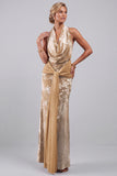 Champagne Velvet Cowl Neck Floral Jacquard Sheath Long Mother of the Bride Dress with Sash