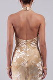 Champagne Velvet Cowl Neck Floral Jacquard Sheath Long Mother of the Bride Dress with Sash