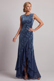 Dark Navy Bateau Neck Velvet Jacquard Asymmetrical Mother of the Bride Dress with Ruffle Slit