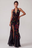 Black Velvet Halter Neck Ruched Sheath Long Mother of the Bride Dress with Ruffle Slit