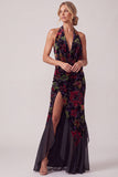 Black Velvet Halter Neck Ruched Sheath Long Mother of the Bride Dress with Ruffle Slit