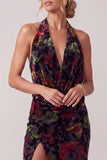 Black Velvet Halter Neck Ruched Sheath Long Mother of the Bride Dress with Ruffle Slit