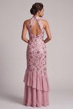 Vintage Mauve Tiered Ruffle Sequins Sheath Long Mother of the Bride Dress