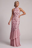 Vintage Mauve Tiered Ruffle Sequins Sheath Long Mother of the Bride Dress