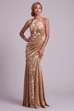 Champagne Velvet Halter Neck Mermaid Ruched Long Mother of the Bride Dress