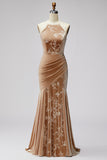 Champagne Velvet Halter Neck Mermaid Ruched Long Mother of the Bride Dress