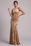 Champagne Velvet Halter Neck Mermaid Ruched Long Mother of the Bride Dress