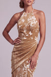 Champagne Velvet Halter Neck Mermaid Ruched Long Mother of the Bride Dress