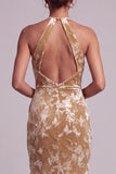 Champagne Velvet Halter Neck Mermaid Ruched Long Mother of the Bride Dress
