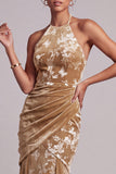 Champagne Velvet Halter Neck Mermaid Ruched Long Mother of the Bride Dress