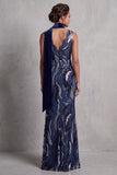Dark Navy Lace Sequins Mermaid Long Mother of the Bride Dress with Draping