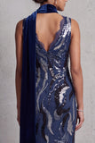 Dark Navy Lace Sequins Mermaid Long Mother of the Bride Dress with Draping