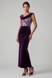 Plum Velvet Cowl Neck Sequins Ruched Sheath Mother of the Bride Dress