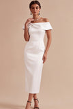 Off The Shoulder White Sheath Pearls Midi Engagement Dress