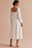 White A-Line Sweetheart Midi Engagement Dress with Long Sleeves