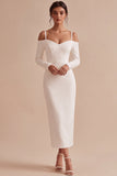 White Sheath Long Sleeves Cold Shoulder Midi Engagement Dress