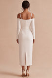 White Sheath Long Sleeves Cold Shoulder Midi Engagement Dress