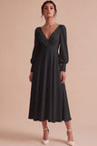White Ruched A-Line V-Neck Midi Engagement Dress with Long Sleeves
