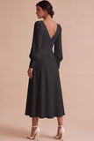 White Ruched A-Line V-Neck Midi Engagement Dress with Long Sleeves