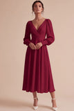 White Ruched A-Line V-Neck Midi Engagement Dress with Long Sleeves
