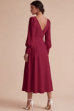 White Ruched A-Line V-Neck Midi Engagement Dress with Long Sleeves