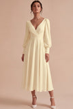 White Ruched A-Line V-Neck Midi Engagement Dress with Long Sleeves