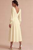 White Ruched A-Line V-Neck Midi Engagement Dress with Long Sleeves
