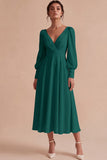 White Ruched A-Line V-Neck Midi Engagement Dress with Long Sleeves