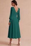 White Ruched A-Line V-Neck Midi Engagement Dress with Long Sleeves