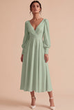 White Ruched A-Line V-Neck Midi Engagement Dress with Long Sleeves